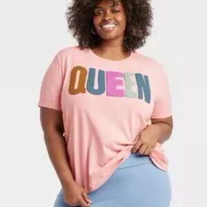 Pink Graphic Tee with Multicolor 'QUEEN' Print